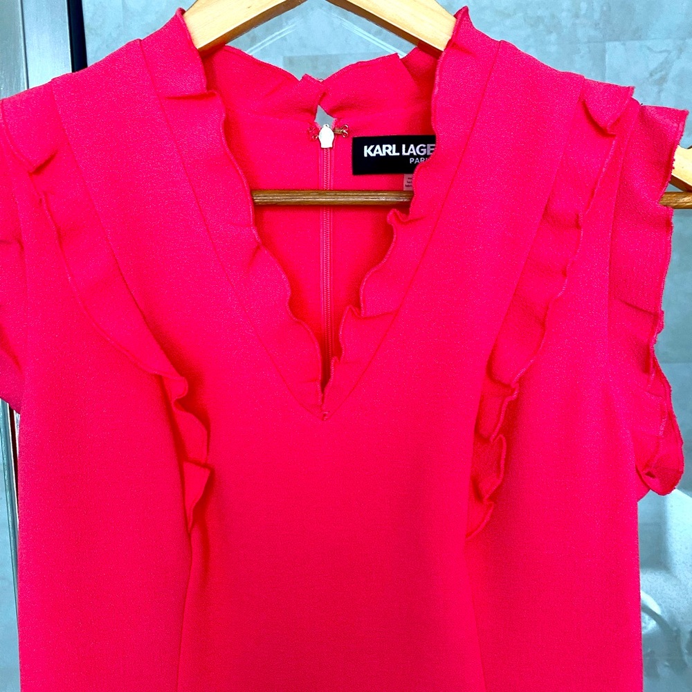 Karl Lagerfeld Sleeveless Ruffle Trim Bright Pink Dress